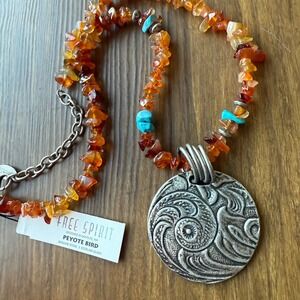 Peyote Bird Free Spirit Necklace Carnelian Orange Turquoise Silver Pendant CWC